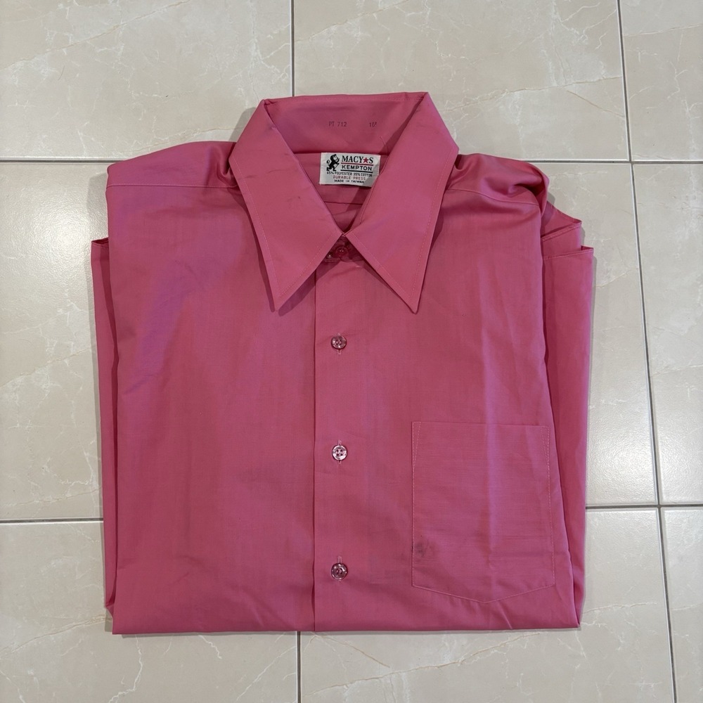 True Vintage Macys Kempton Button Shirt Pink Dagger Collar 60s Cotton Blend 16.5